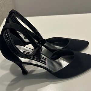 Stuart Weitzman Black Satin Pointed-Toe Slingback Heels